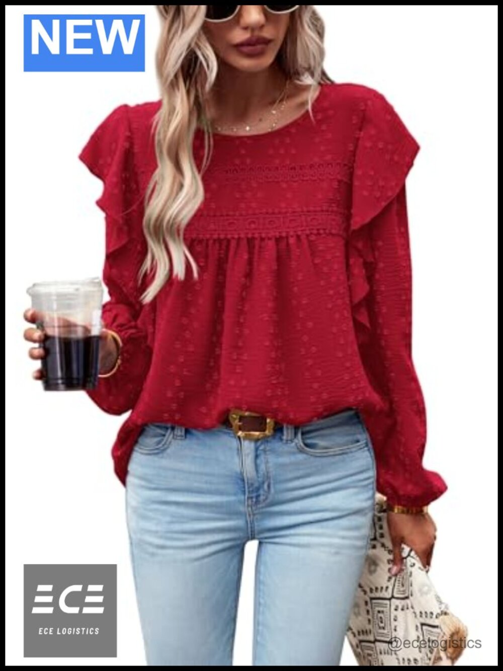 Ruffle Swiss Dot Crochet Loose Fit Tunic Blouse Long Sleeve Dressy Casual Top